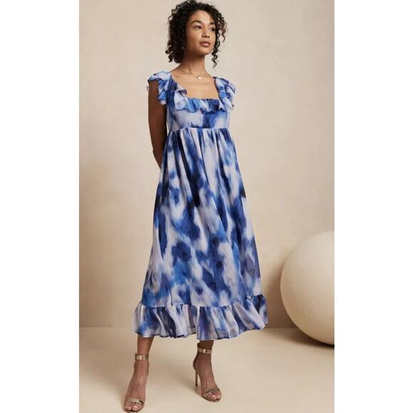 Banana Republic Water Georgette Empire Ruffle Maxi Dress Women Sz XS Petite Blue - Picture 1 of 9